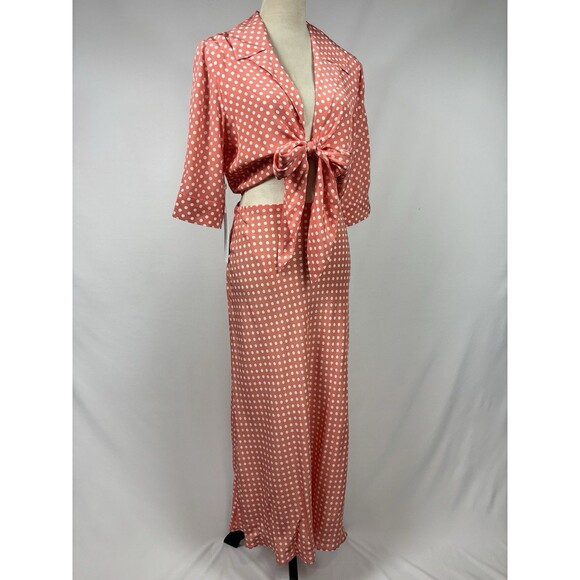 Ronny Kobo Carol Tie Front Pink White Polka Dot Size Medium Midi Dress - Picture 3 of 15
